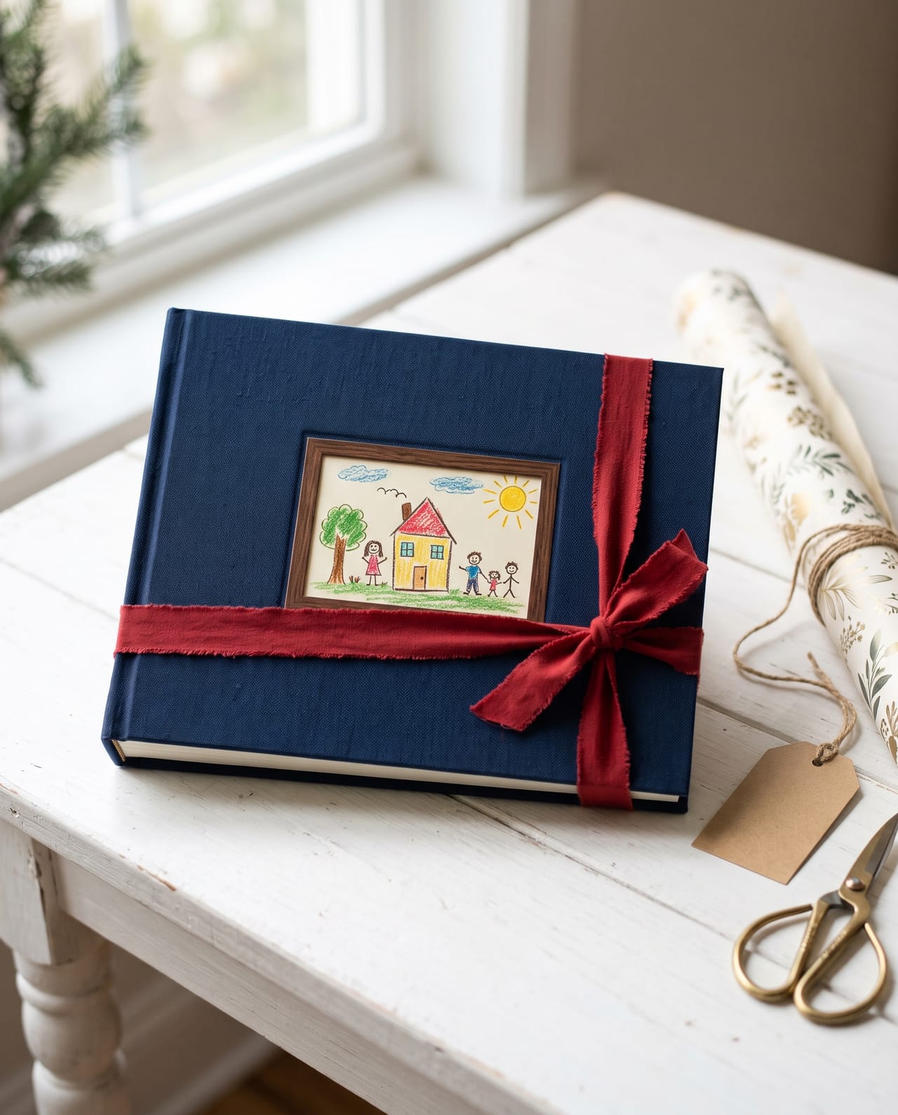 A navy linen hardcover with a child's drawing of a house on the cover, tied with a red ribbon