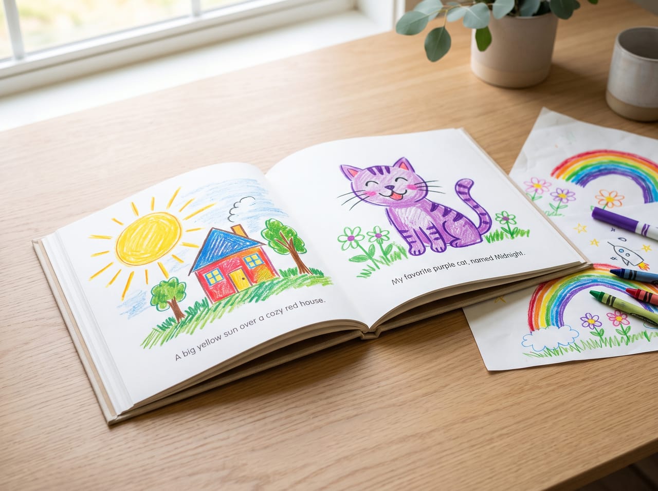 An open hardcover book on a wooden table showing a child's crayon drawings of a sun over a red house and a purple cat, with the original drawings beside it