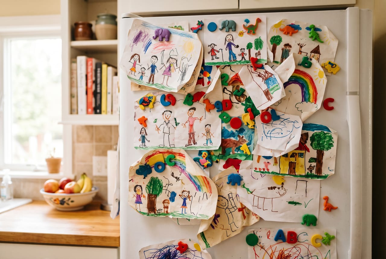 A kitchen fridge door covered in children's drawings held up with colorful magnets