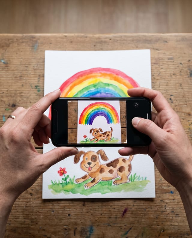 Hands holding a phone over a child's watercolor of a rainbow and a dog